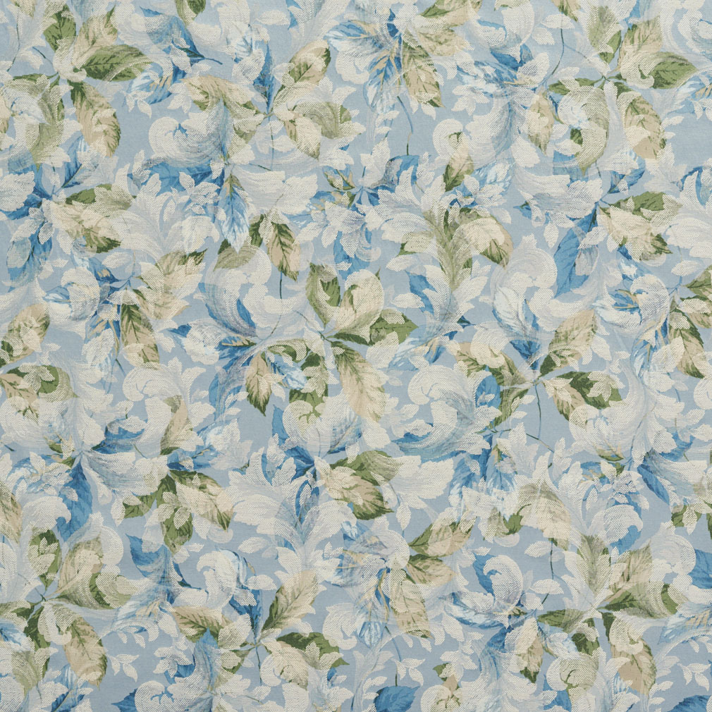 Light Blue and Light Geen Foliage Damask Upholstery Fabric by the yard