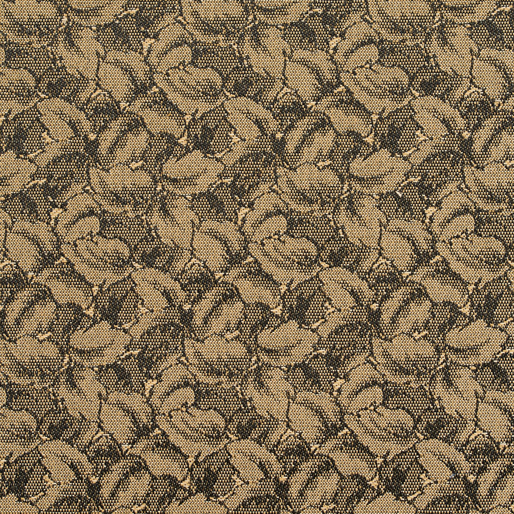 Straw Brown and Black Foliage Leaf Pattern Damask Upholstery Fabric