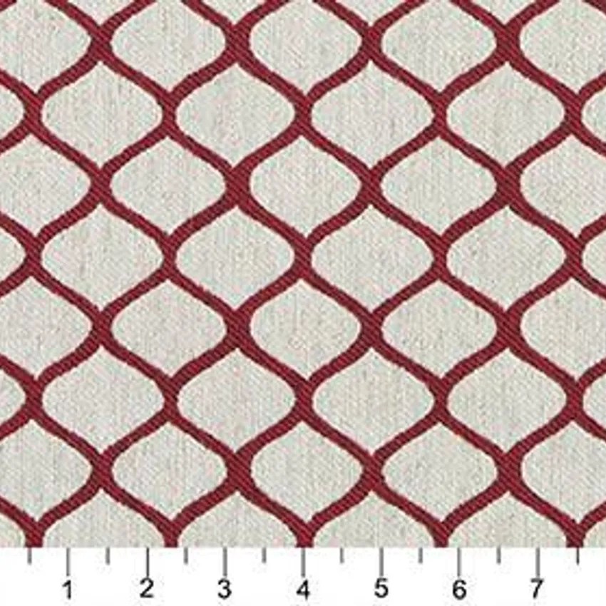 Burgundy Trellis Scroll on Natural Heavy Linen Upholstery Fabric