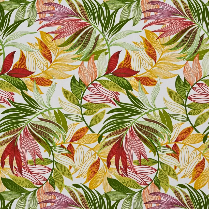 Burgundy Amber and Green Tropical Beach Oasis Leaf Themed Upholstery Fabric