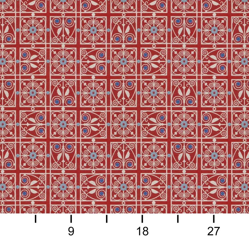 Liverpool Gates Red and Grey Curvilinear Woven Upholstery Fabric by the