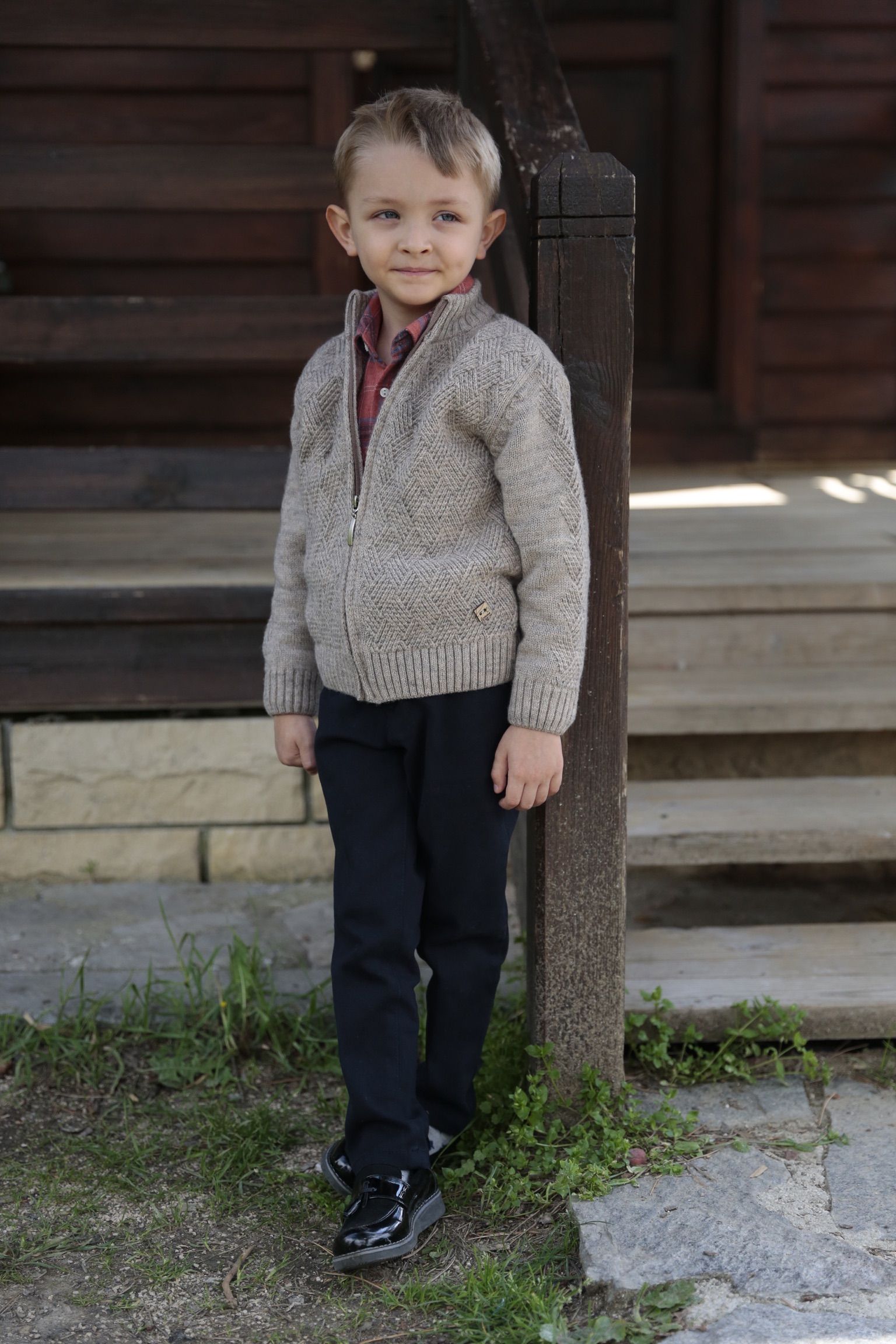 Argyle Patterned Cardigan Suit with Tartan Shirt for Baby and Children