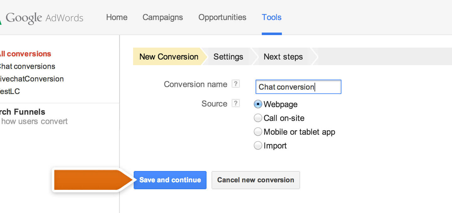 Google AdWords tracking chat conversions LiveChat