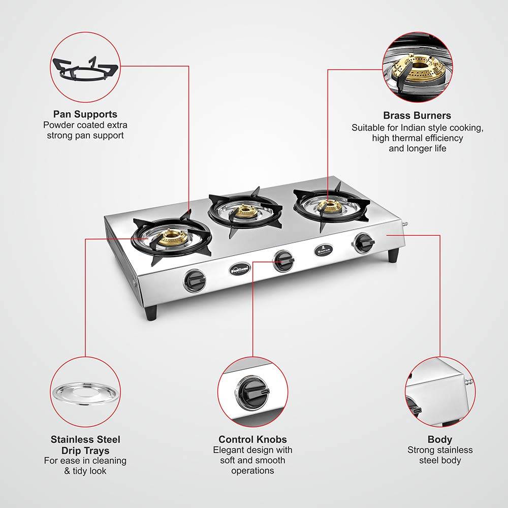 Buy Sunflame Gas Stove 3 Burner Bonus DX Stainless Steel Cooking