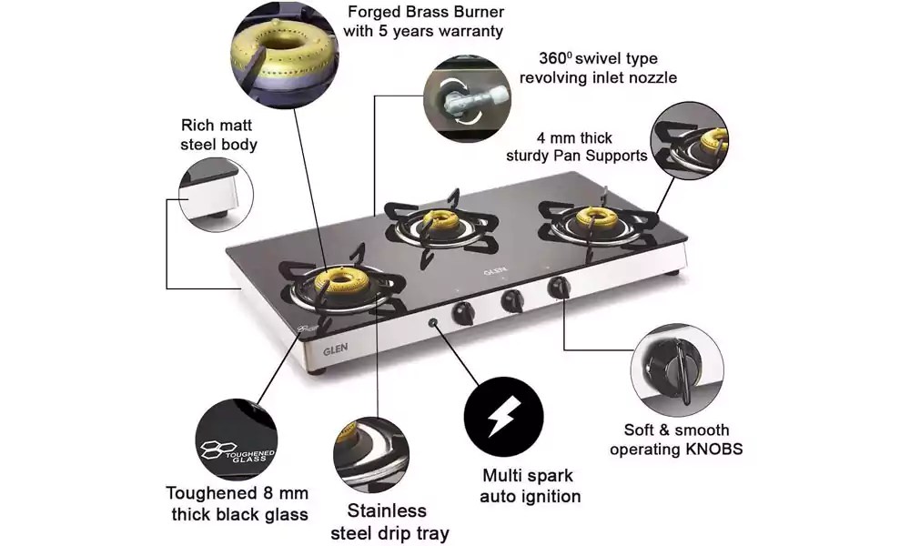 Buy Glen Gas Stove 3 Burner GL 1038 GT BB Mirror A/I Online From