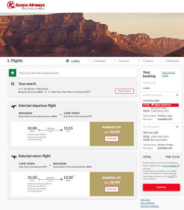 Airfare of the Day Business Class KENYA AIRWAYS Bangkok to Cape Town