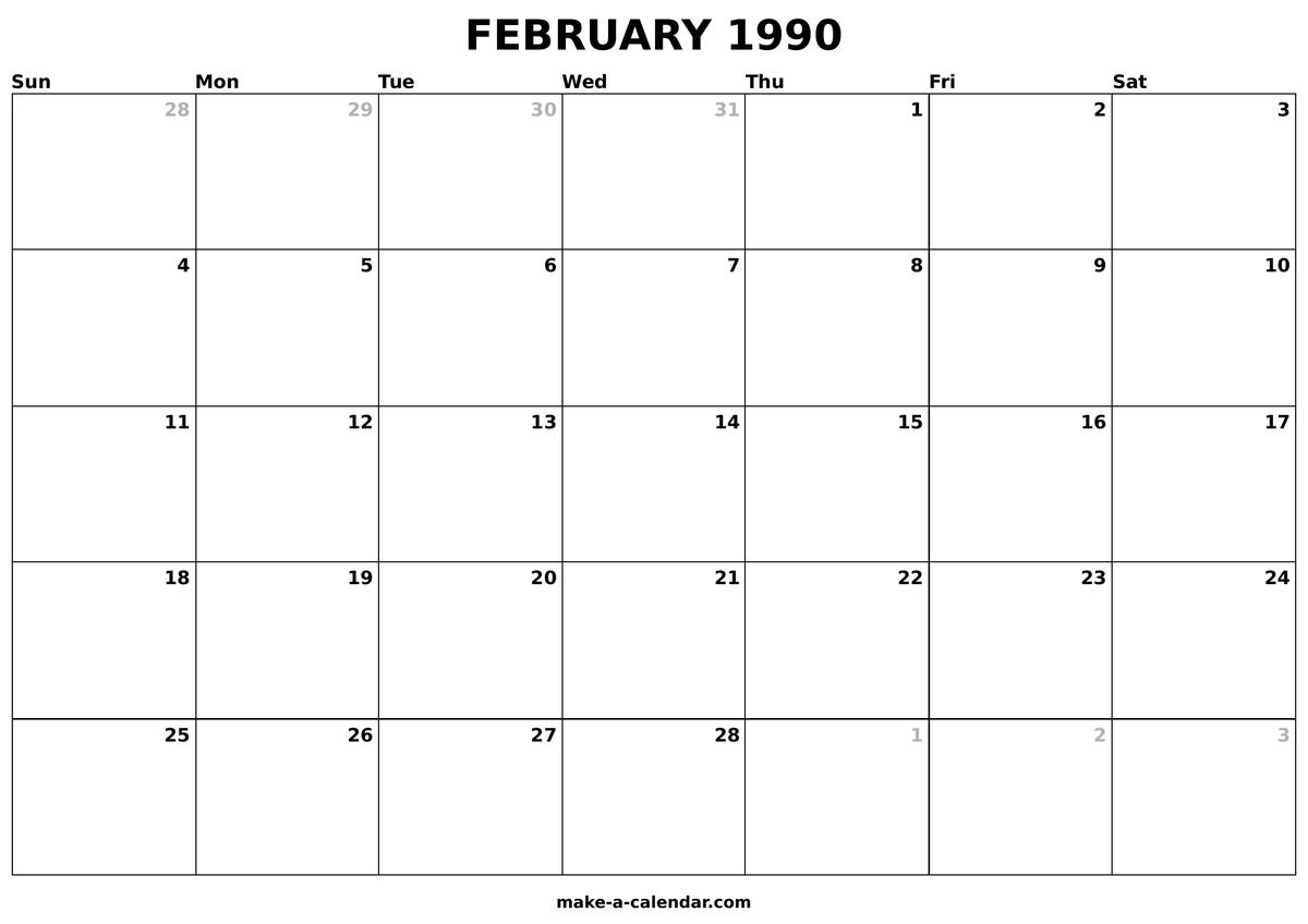 Printable February 1990 Calendar Make a Calendar
