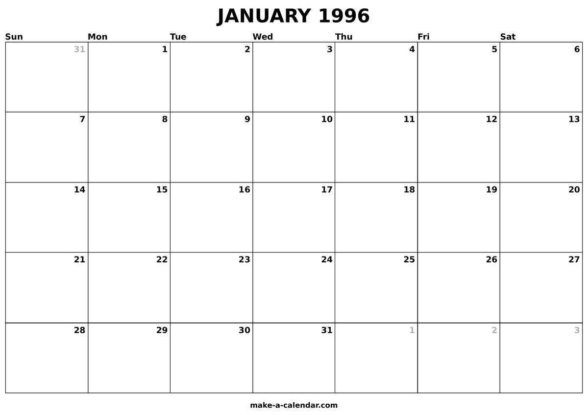 Printable January 1996 Calendar Make a Calendar