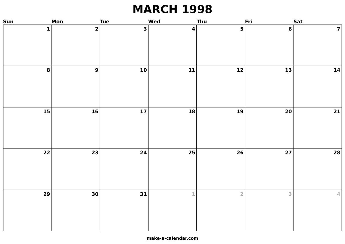 Printable March 1998 Calendar Make a Calendar