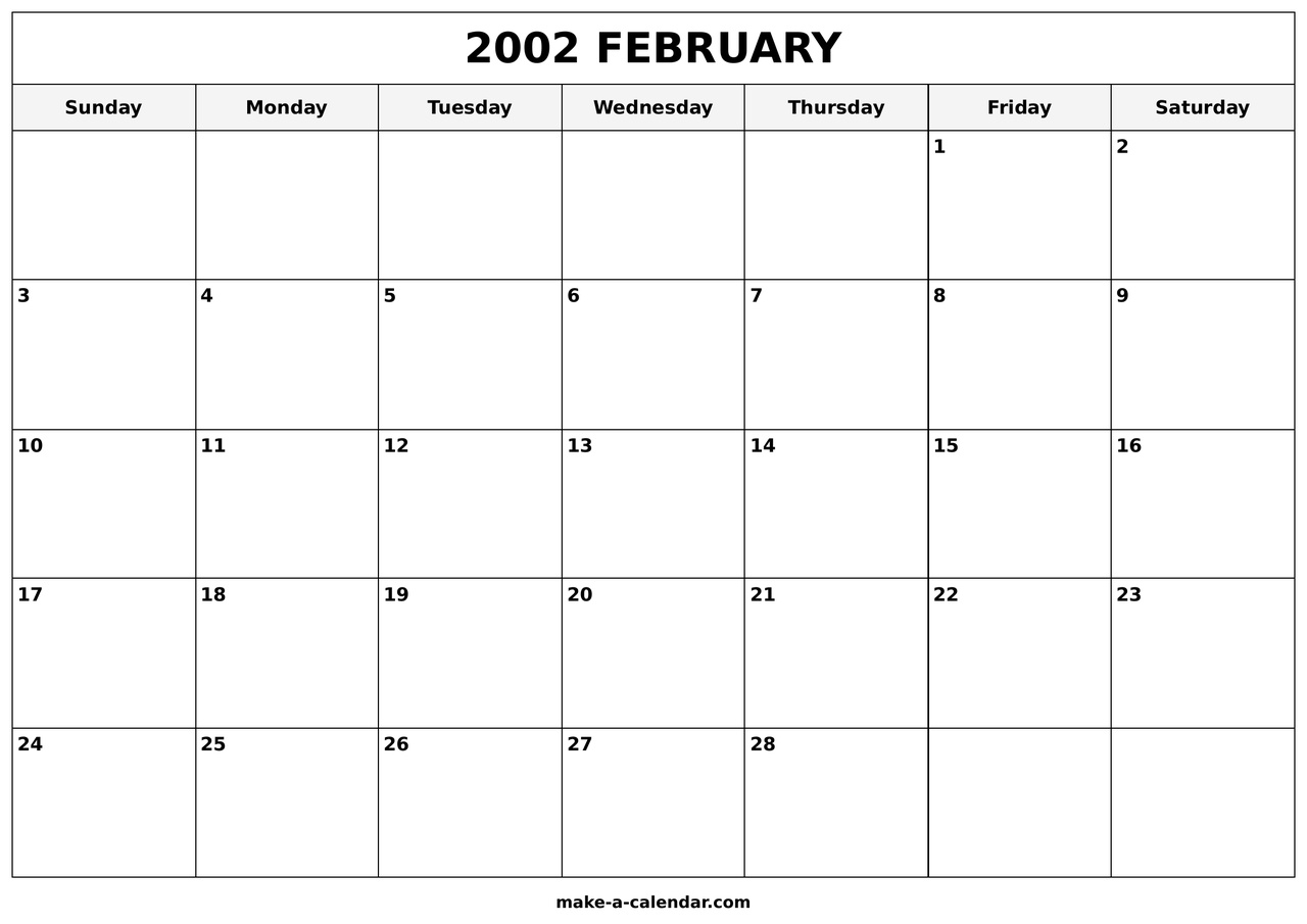 Printable February 2002 Calendar Make a Calendar