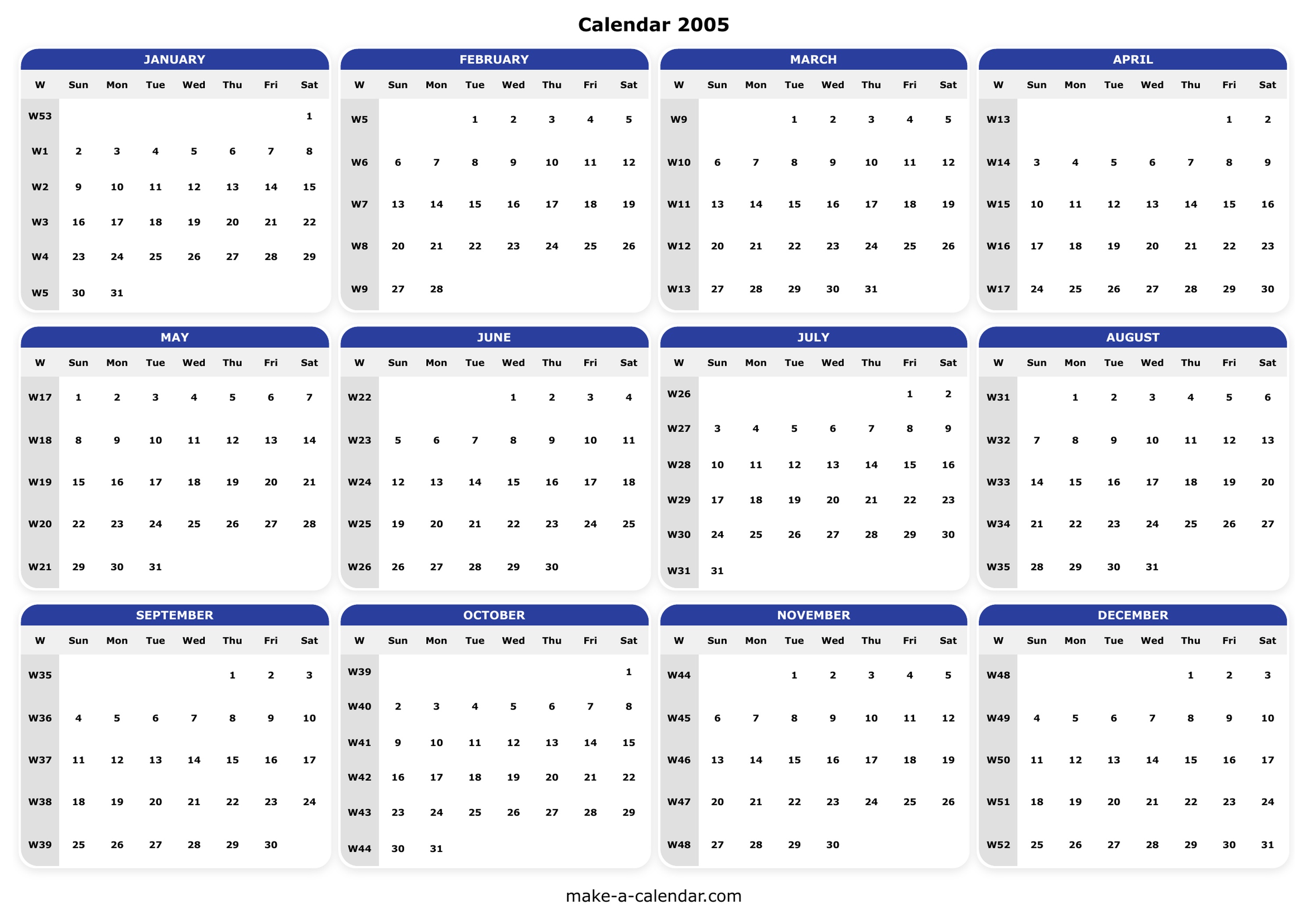 2005 Calendar Free Yearly Printable