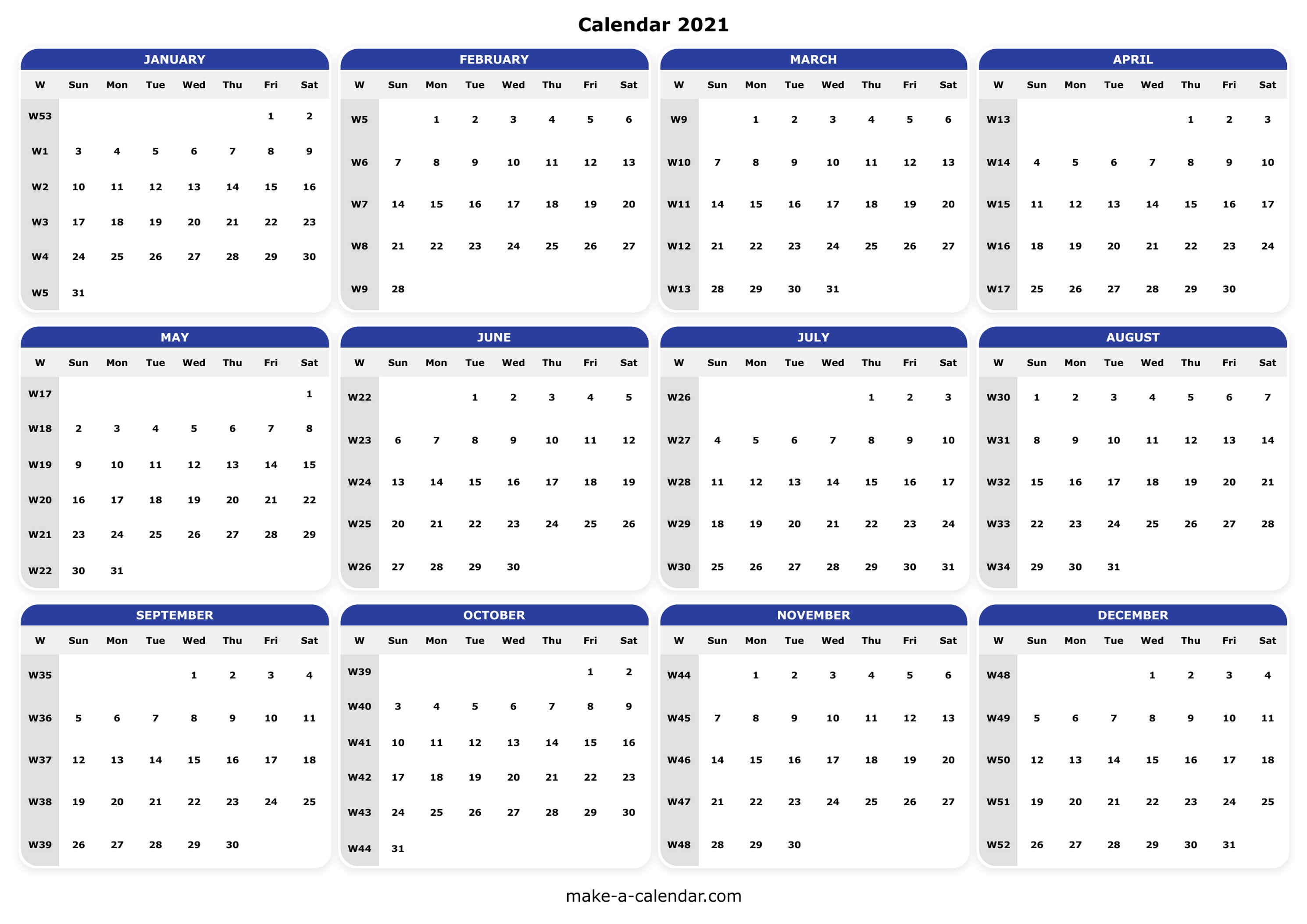 2021 Calendar — Print PDF with Holidays &amp; Week Numbers Make a Calendar