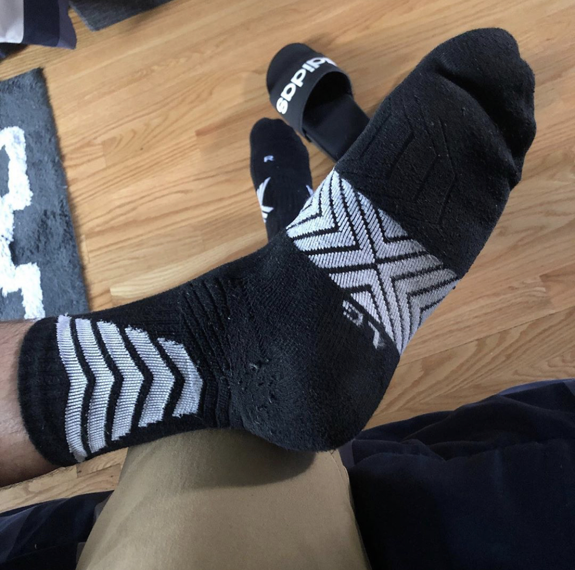 socksuality’s size 11 feet in black crew socks out of Adidas slides Male Feet Blog