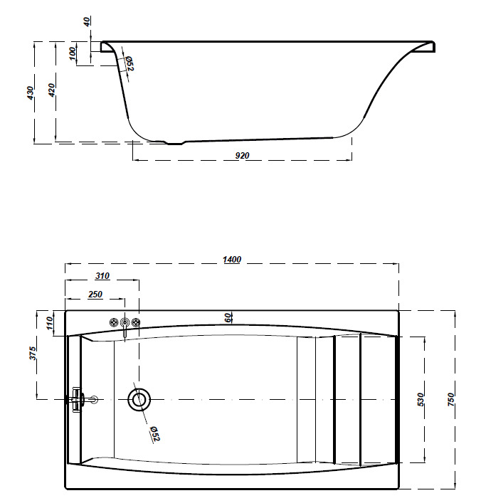Baignoire Rectangulaire Encastrable En Acrylique 140x75 Tablier Central