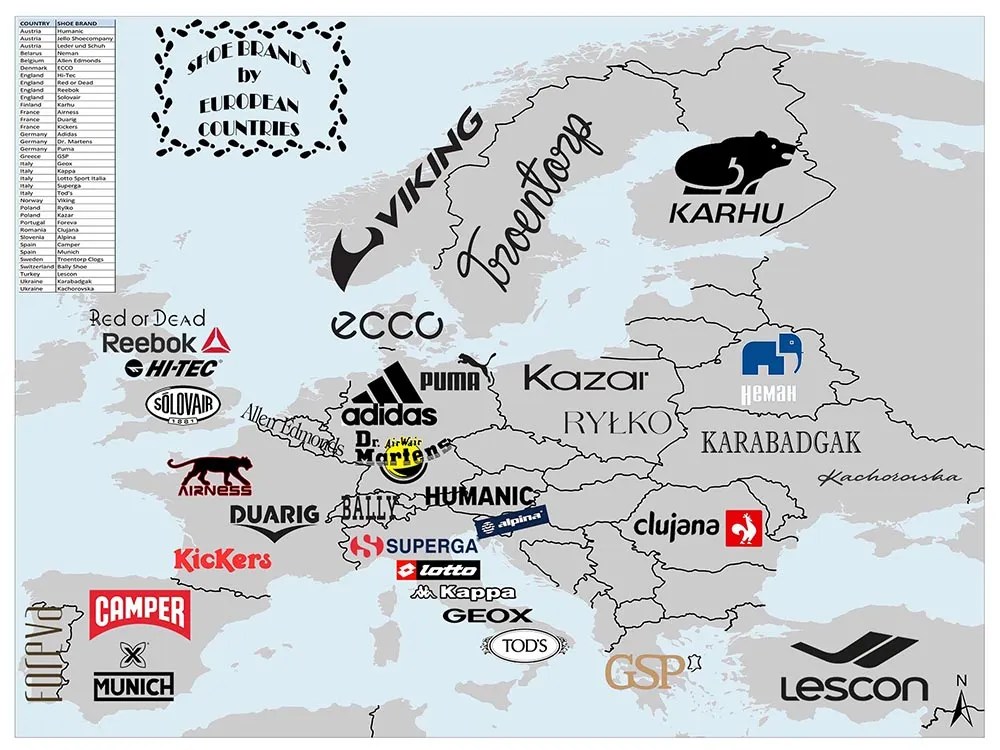 European Shoe Brands by Countries Mappr