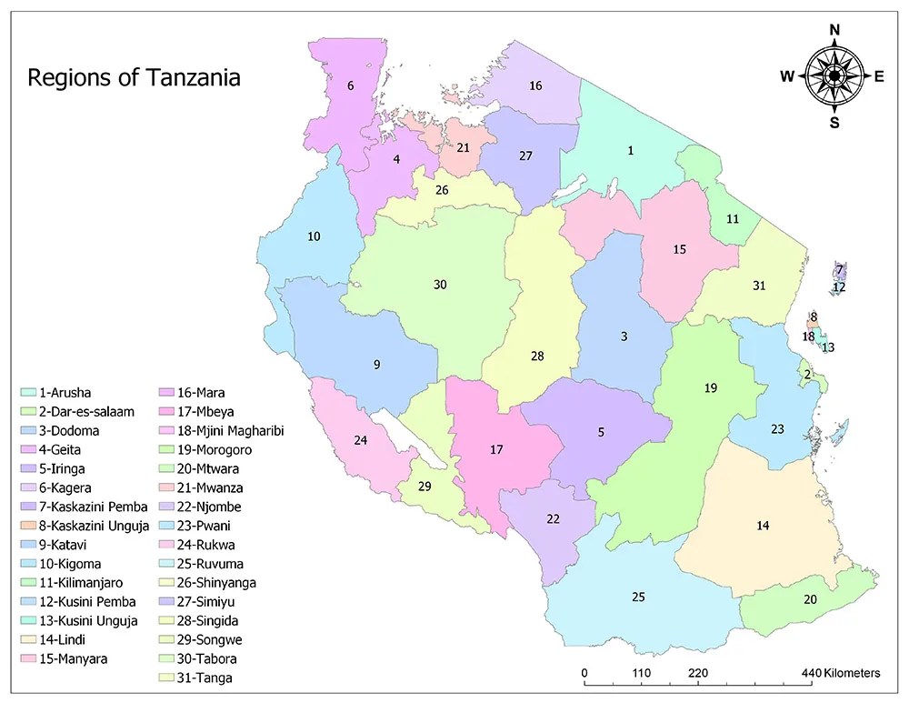 Regions of Tanzania Mappr
