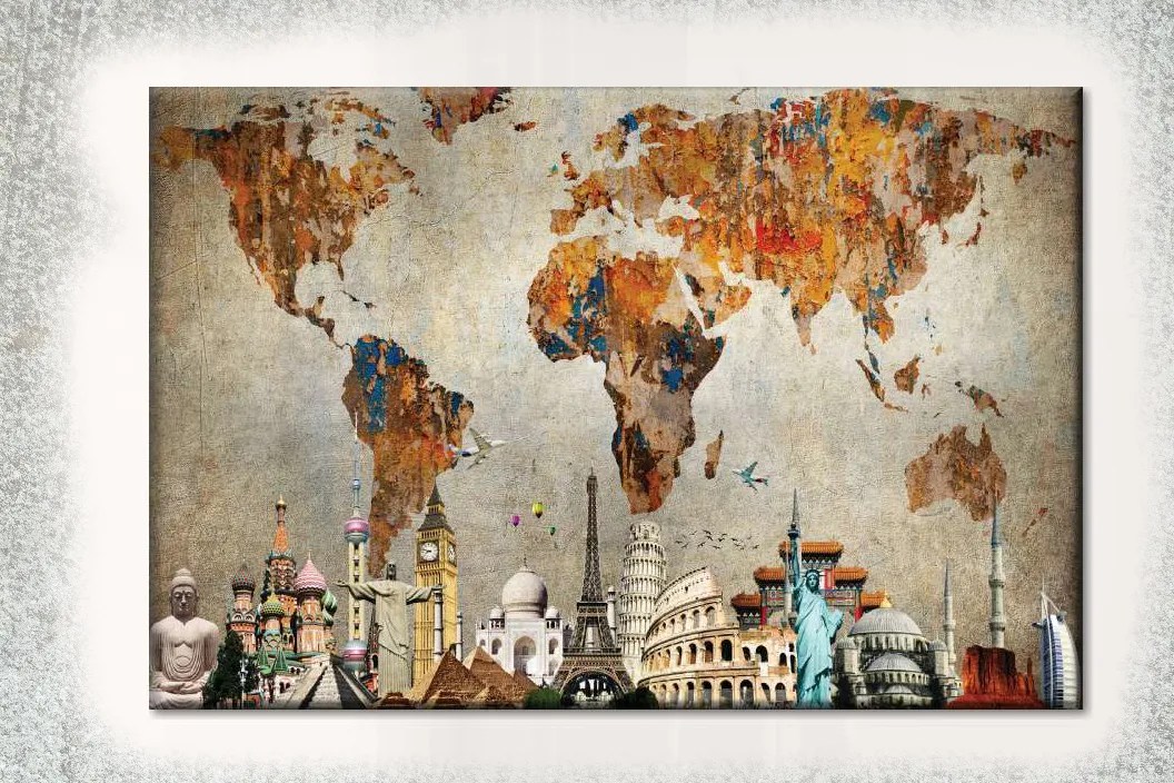 Canvas World Map Art mural showing Country and Major Cities in Mixed