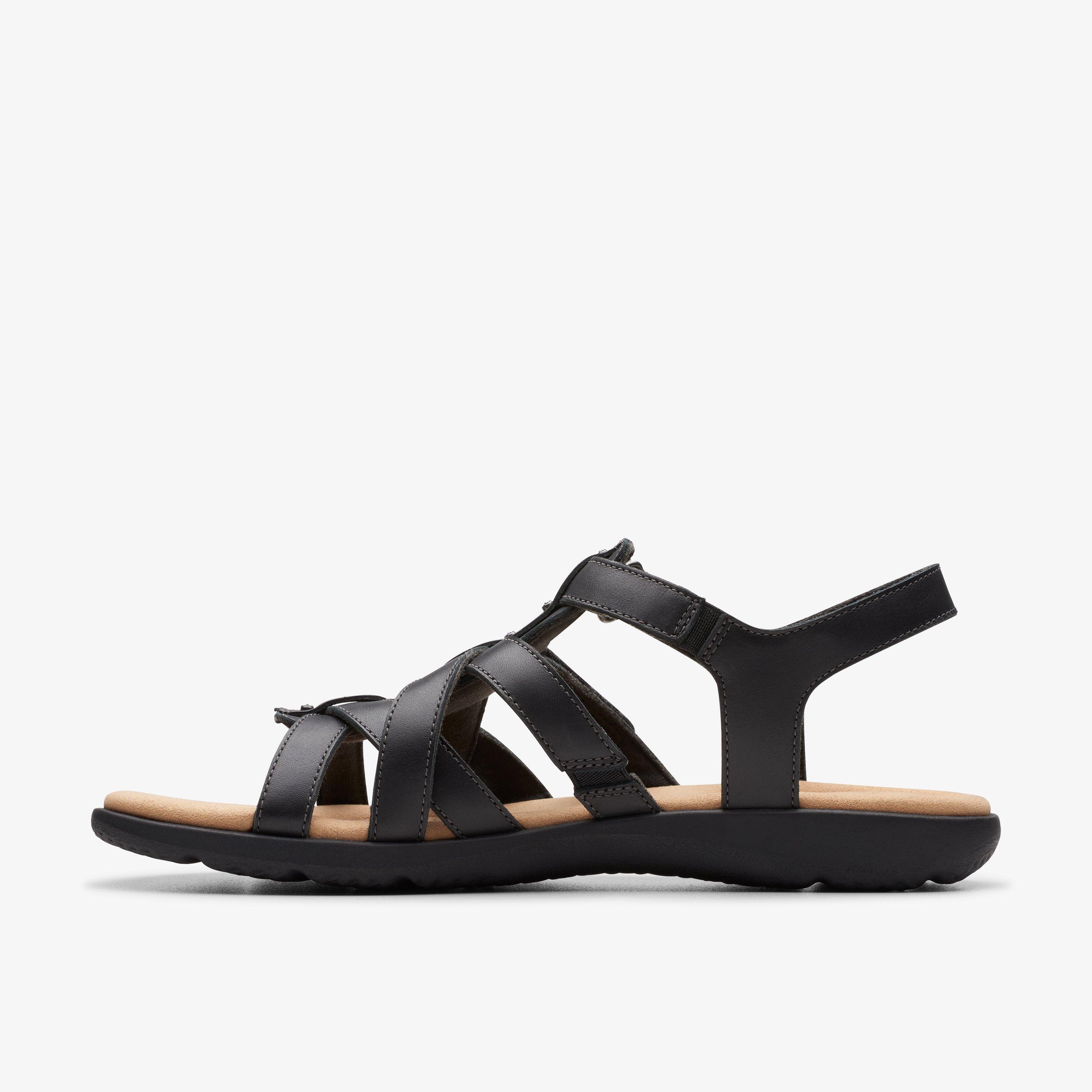 Womens Elizabelle Sky Black Leather Flat Sandals Clarks UK