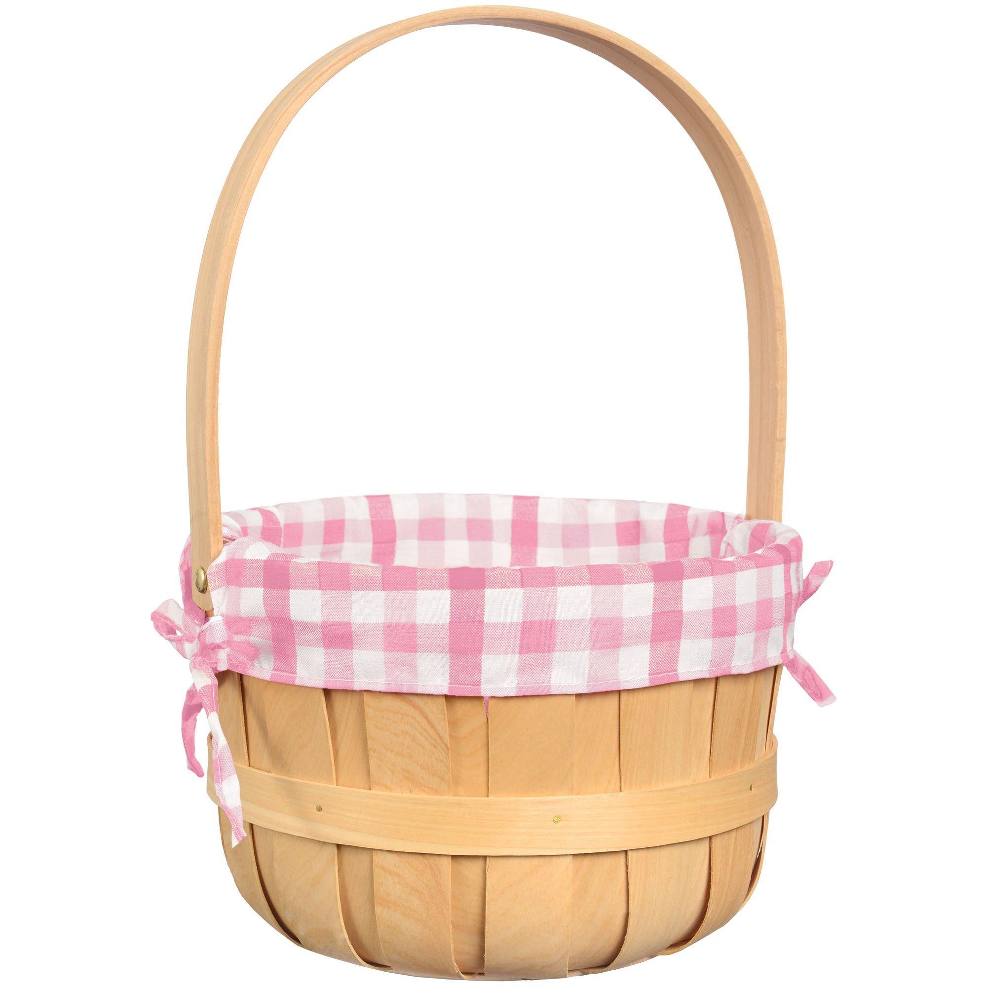 Pink Gingham Wood & Fabric Easter Basket, 9.25in x 14in Party City