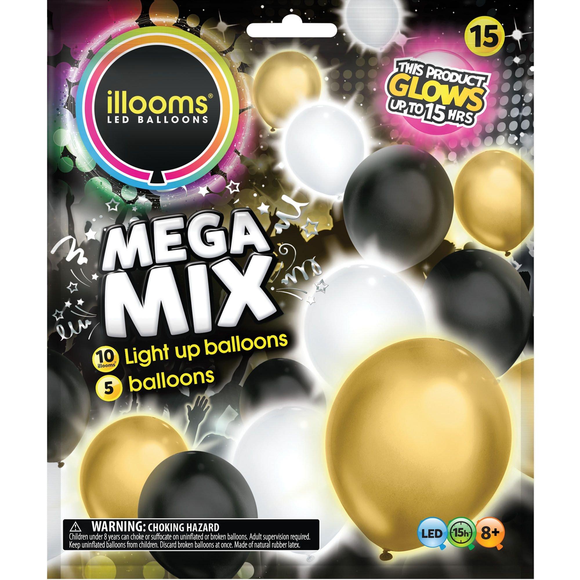 15ct, 12in, Illooms LightUp Black, Silver & Gold LED Balloons Party City
