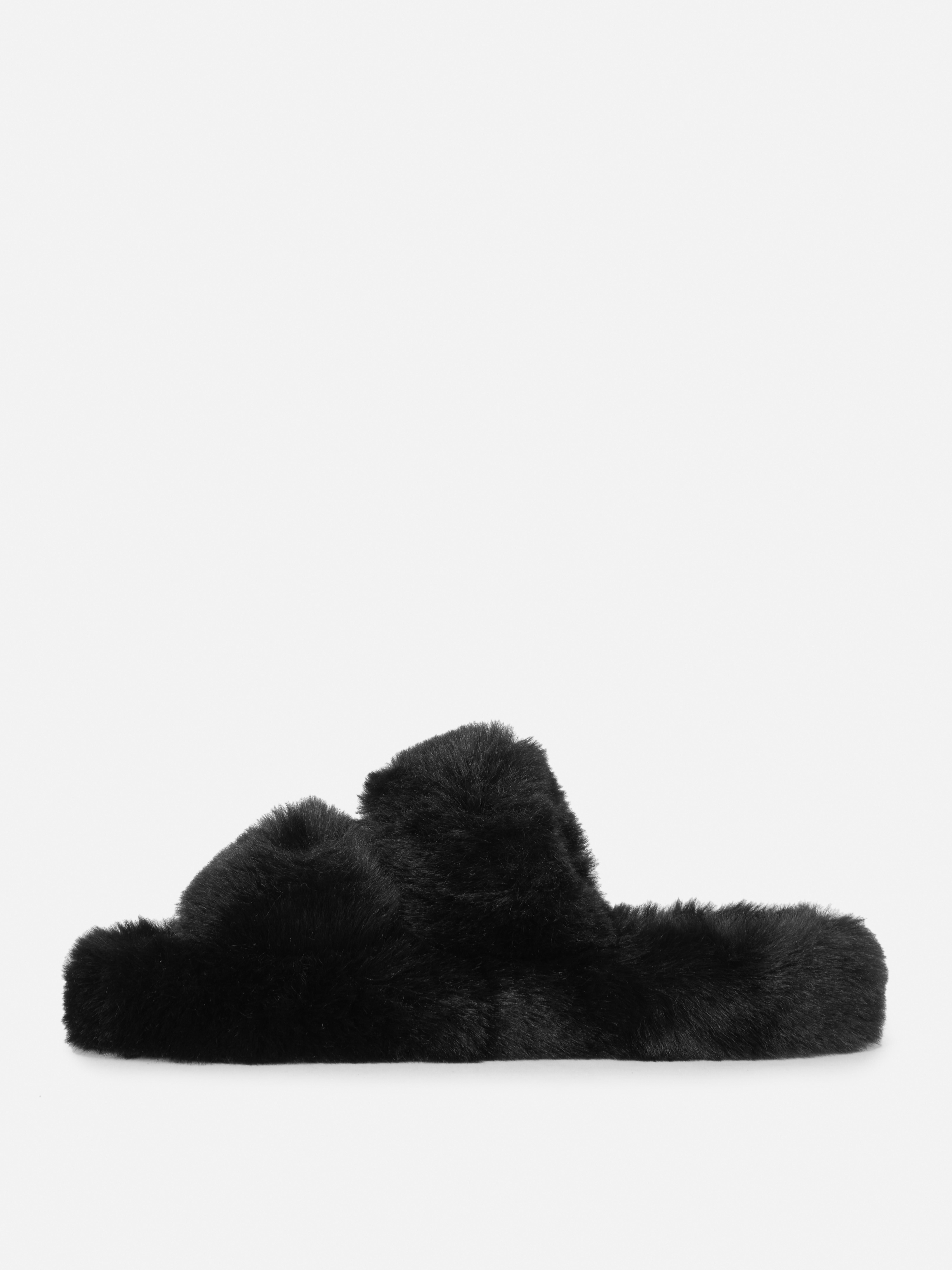 Women's Black Fluffy Double Strap Slippers Primark