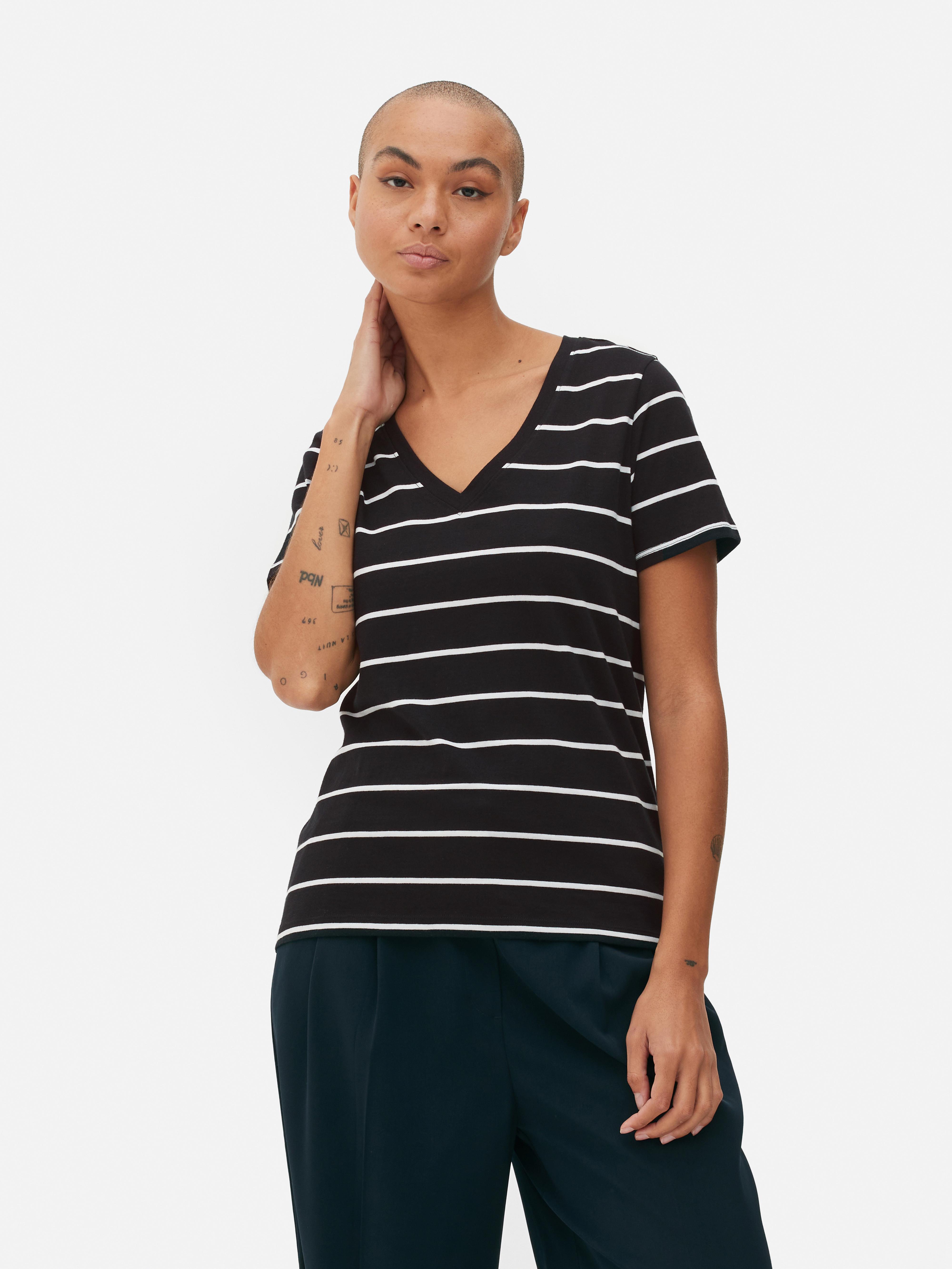 Womens Black/White Striped VNeck TShirt Primark