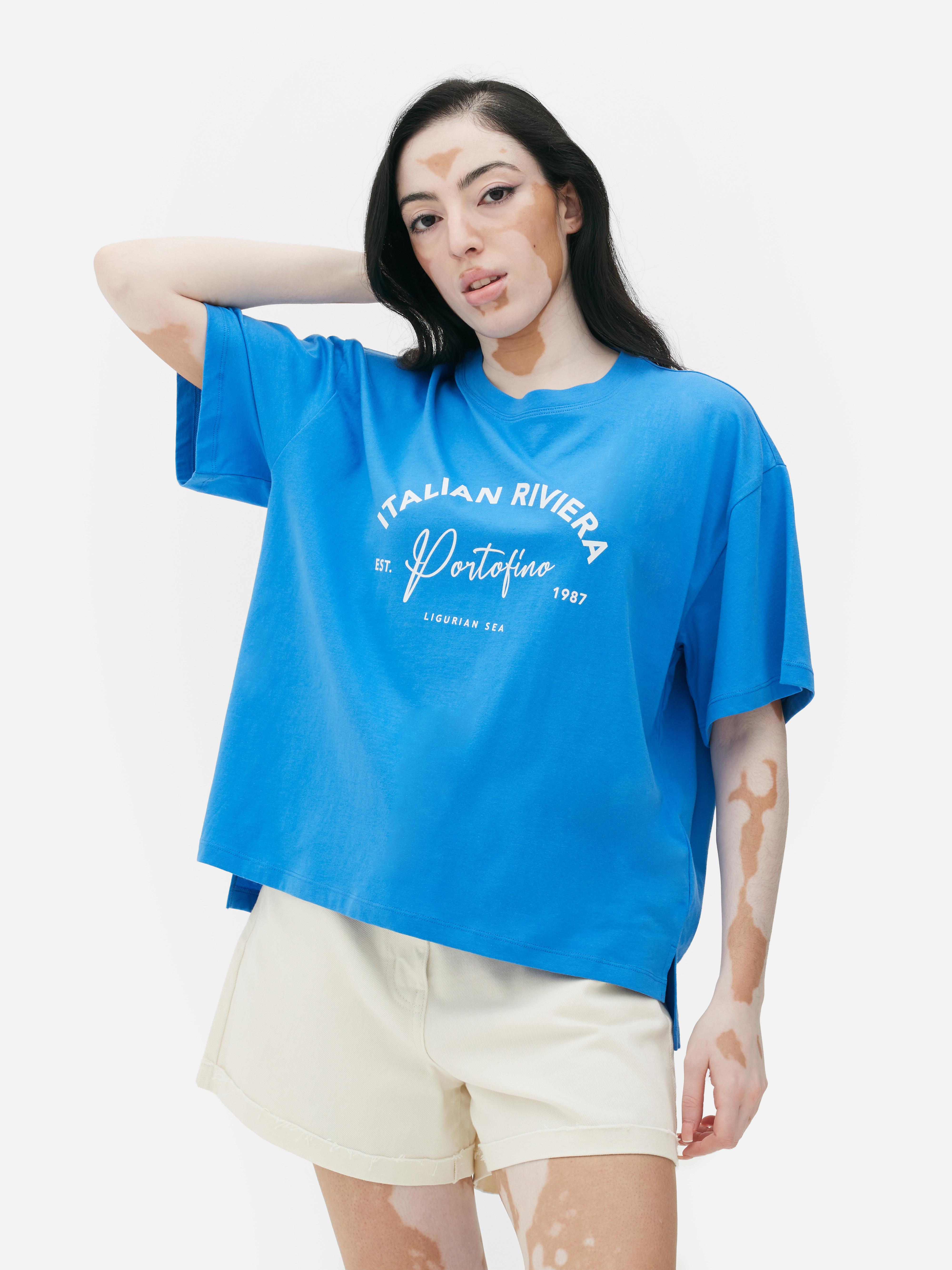 Womens Dark Blue Print Oversized TShirt Primark