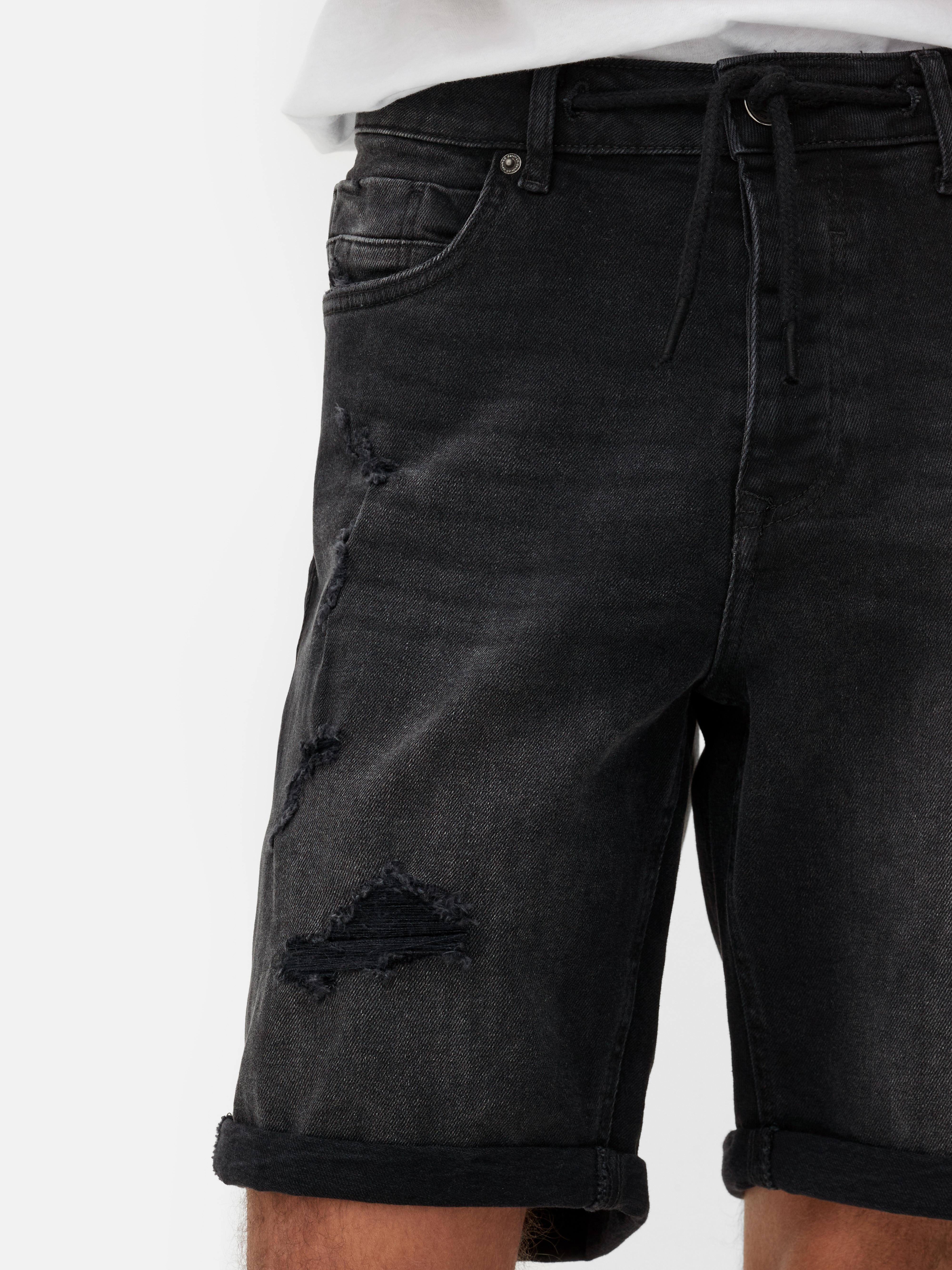 Mens Black Distressed Drawstring Denim Shorts Primark