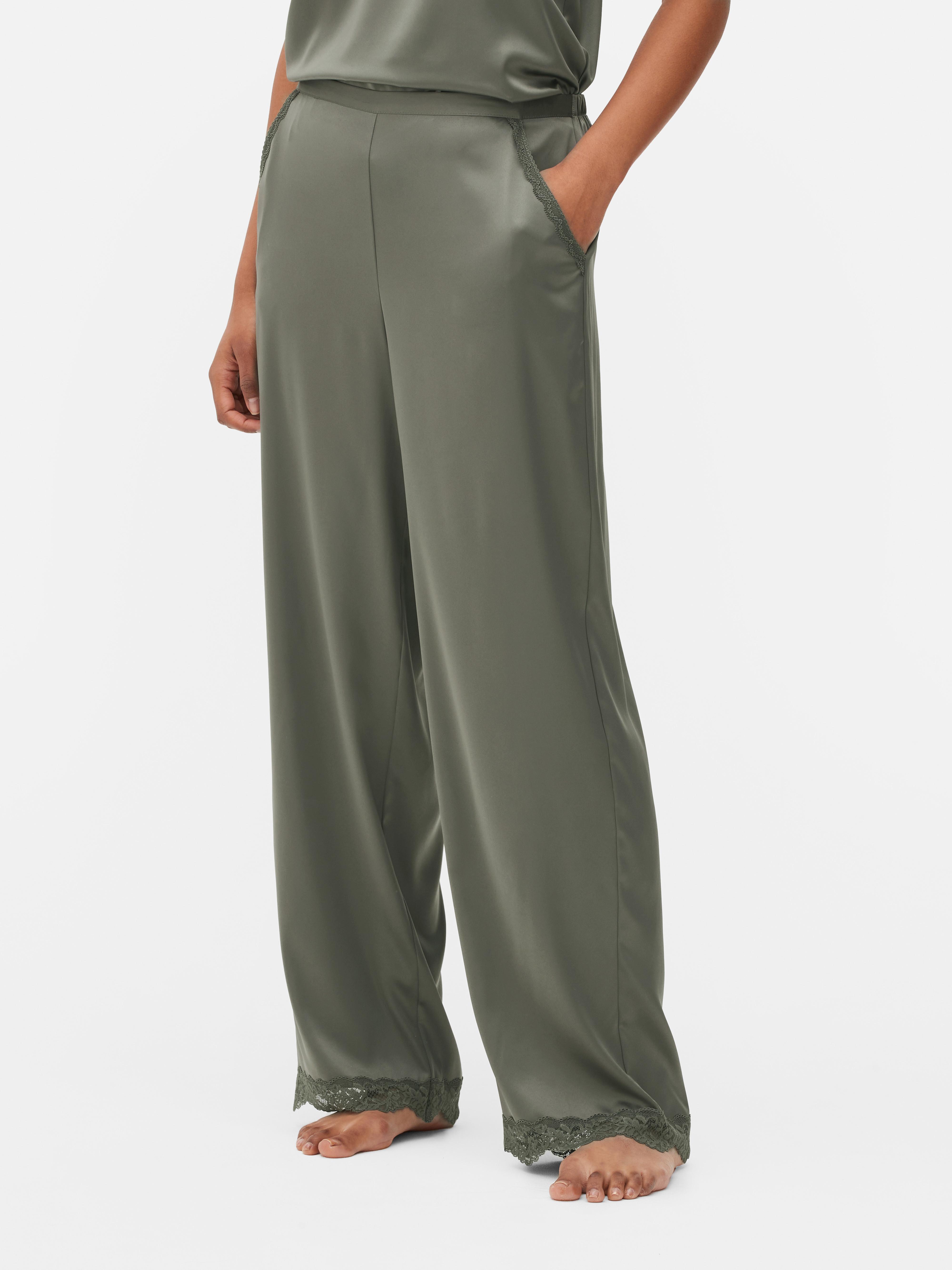 Womens Khaki Lace Trim Satin Pyjama Bottoms Primark