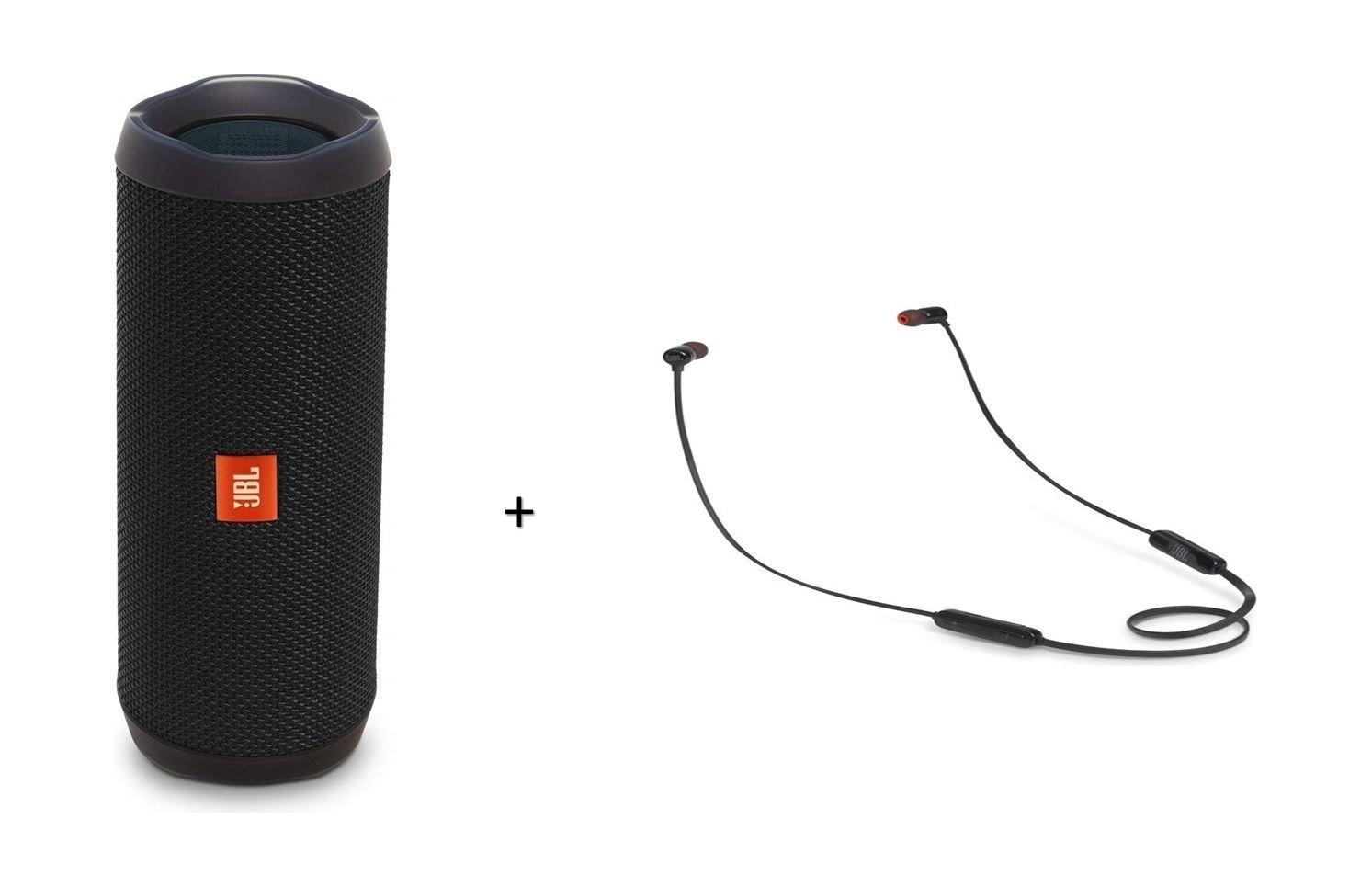 JBL Flip 4 Wireless Bluetooth Speaker Black + JBL T110BT Earphone Black