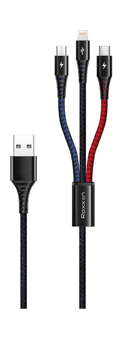 Roxxon RC6220 3 in 1 Lightning + Micro USB + TypeC Cable 1.2m Black