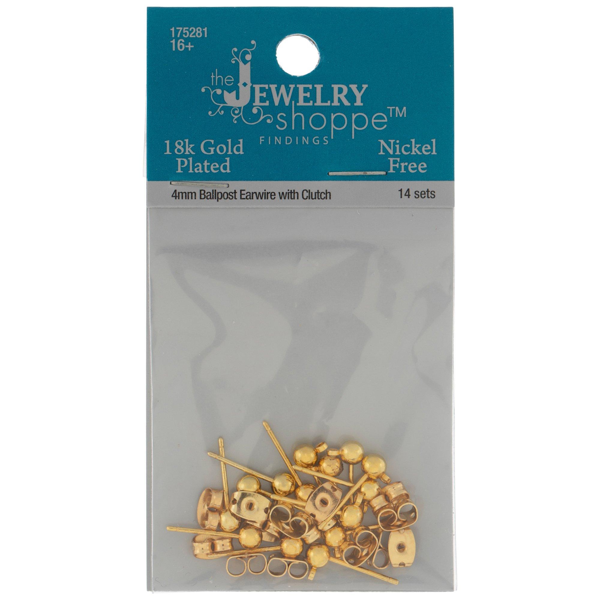 18K Gold Plated Ball Earring Posts with Clutch Backs 4mm Hobby