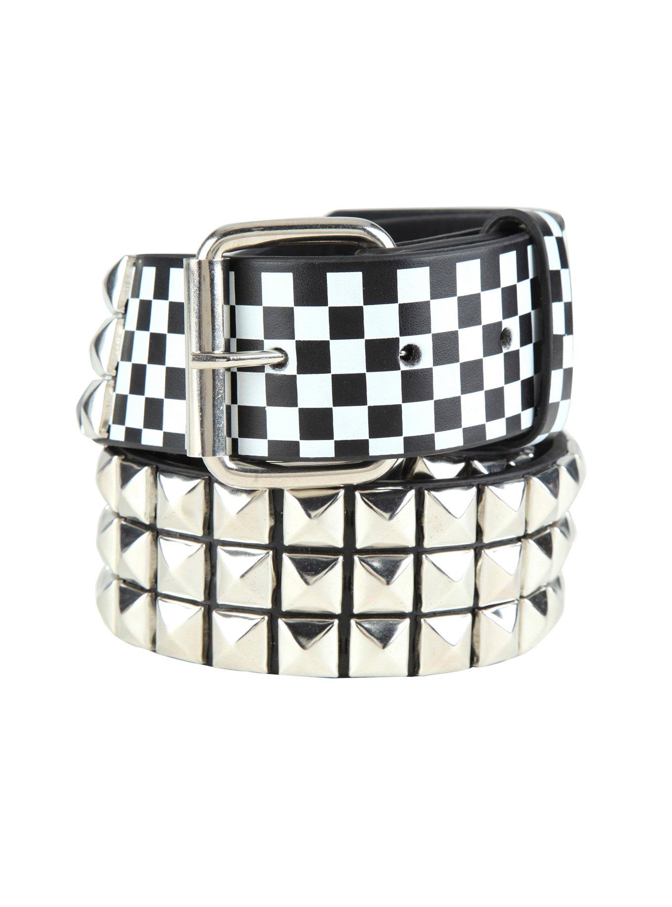 Black White & Silver Checkered Pyramid Stud Belt Hot Topic