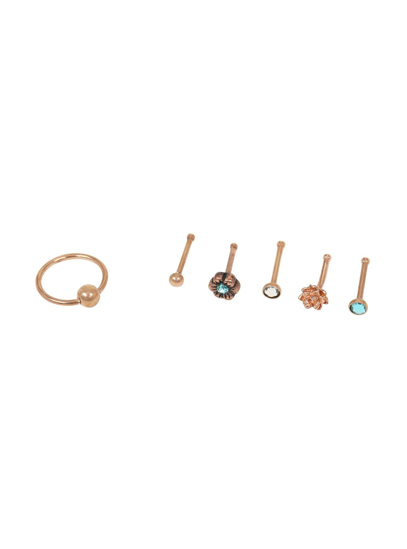 Steel Rose Gold Blue Gem Flower Nose Stud & Hoop 6 Pack Hot Topic