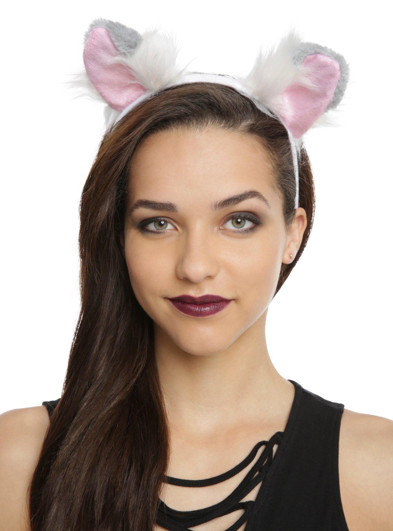 Fuzzy White & Grey Cat Ear Headband Hot Topic
