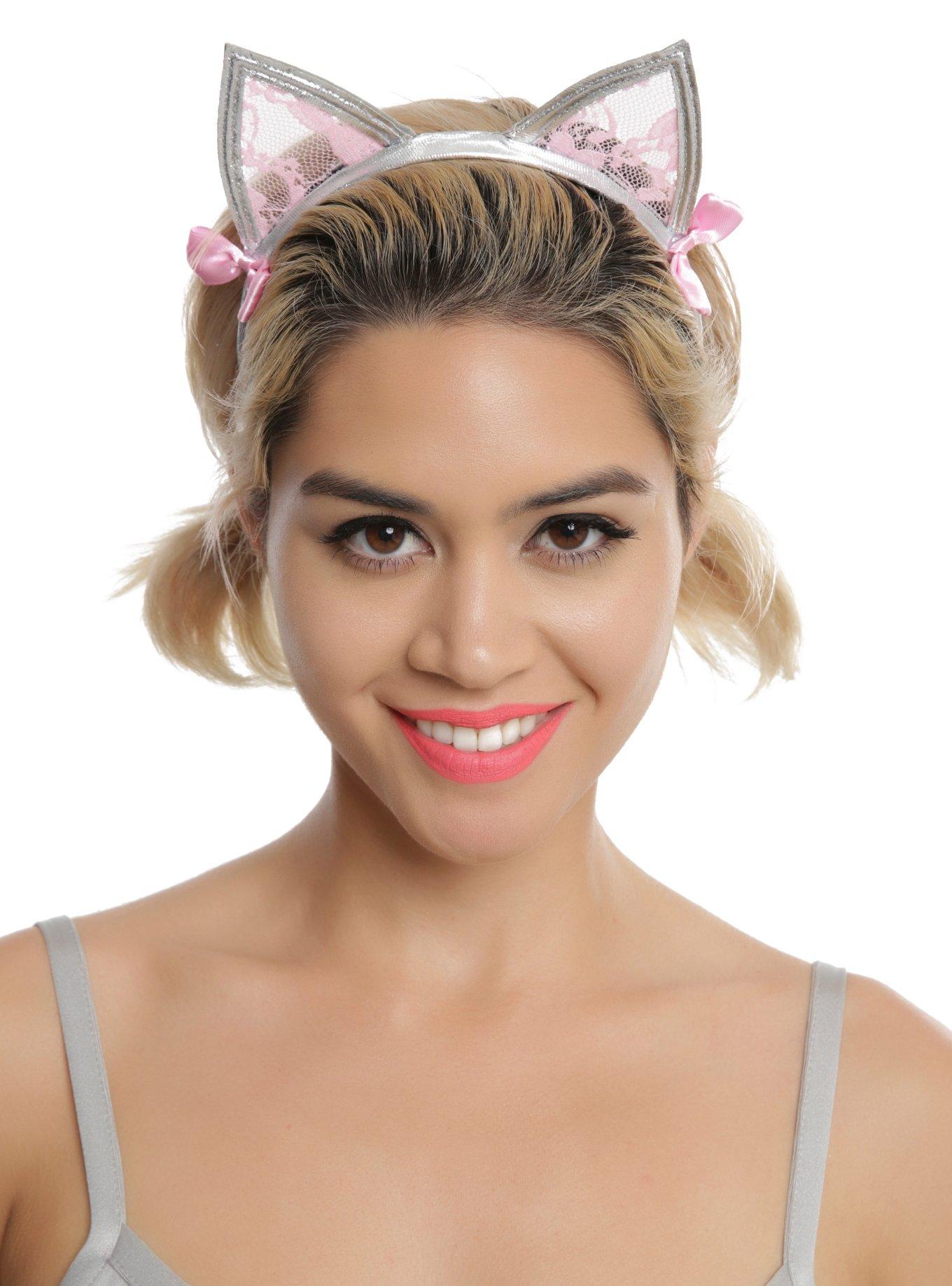 Silver & Pink Lace Cat Ear Headband Hot Topic