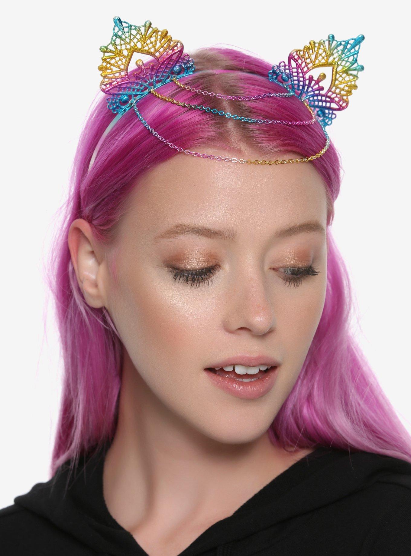 Rainbow Anodized Chain Cat Ear Headband Hot Topic