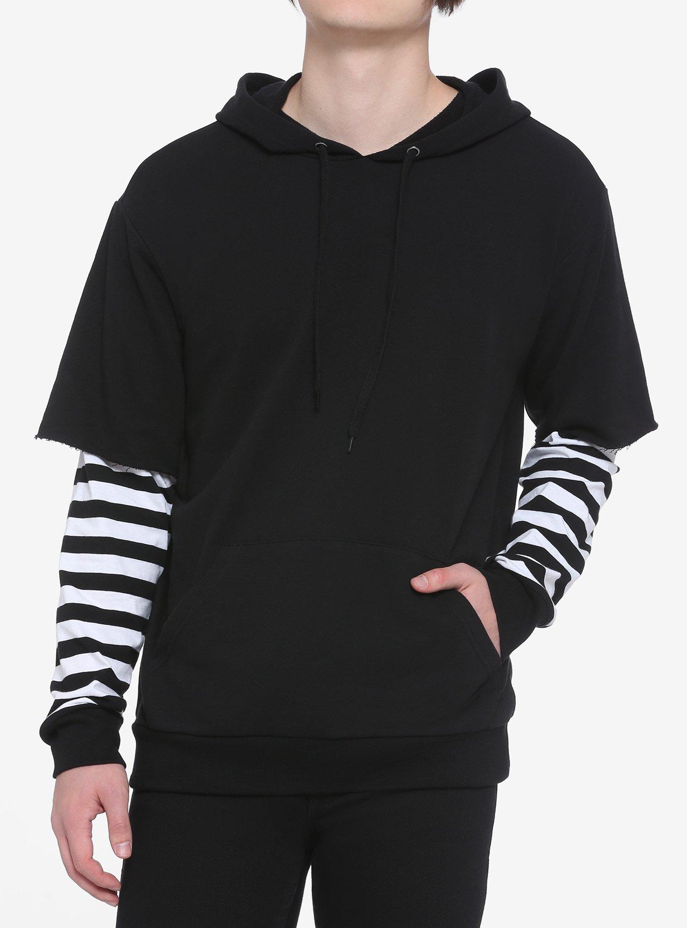 Black & White Stripe Sleeve Twofer Hoodie Hot Topic