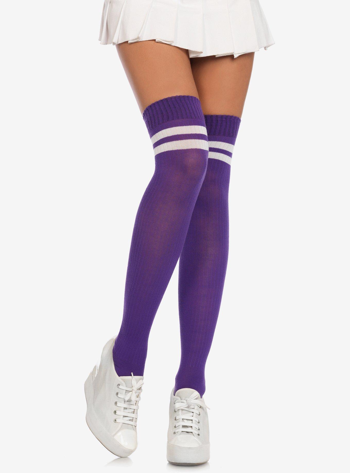 Purple & White Stripe Ribbed Athletic Thigh High Socks Hot Topic