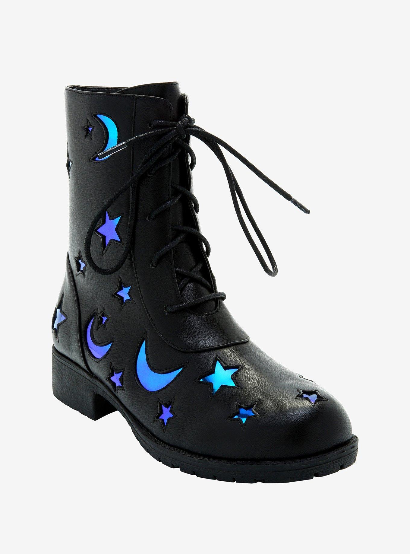 Holographic Moon & Star Cutout Combat Boots Hot Topic