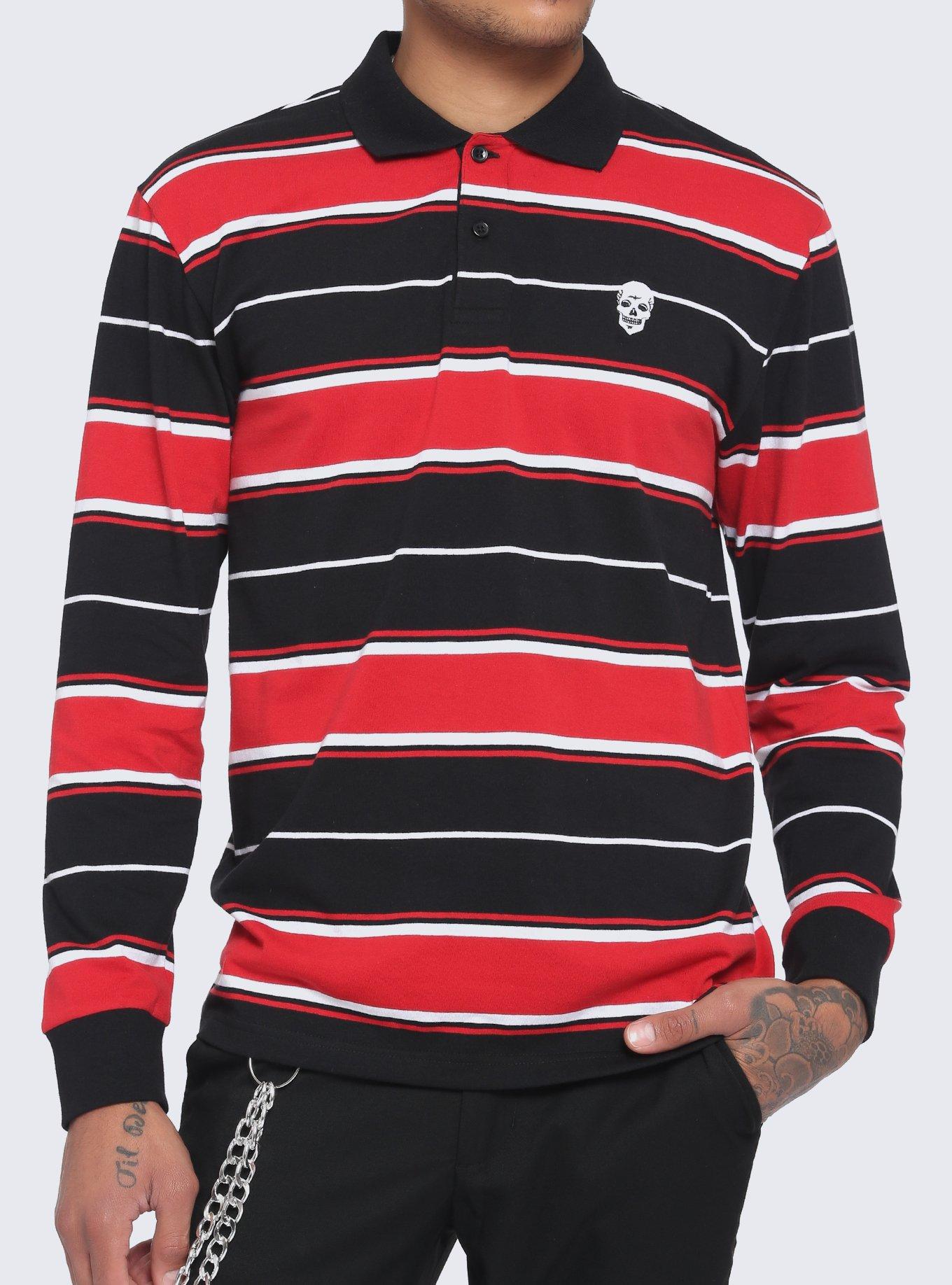 Red & Black Stripe Skull LongSleeve Polo Shirt Hot Topic