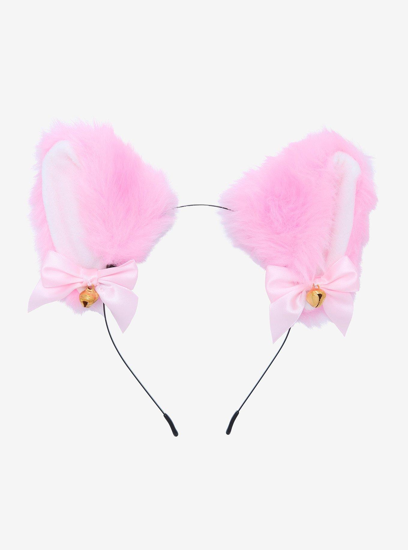 Pink & White Ribbon Bell Fuzzy Cat Ear Headband Hot Topic