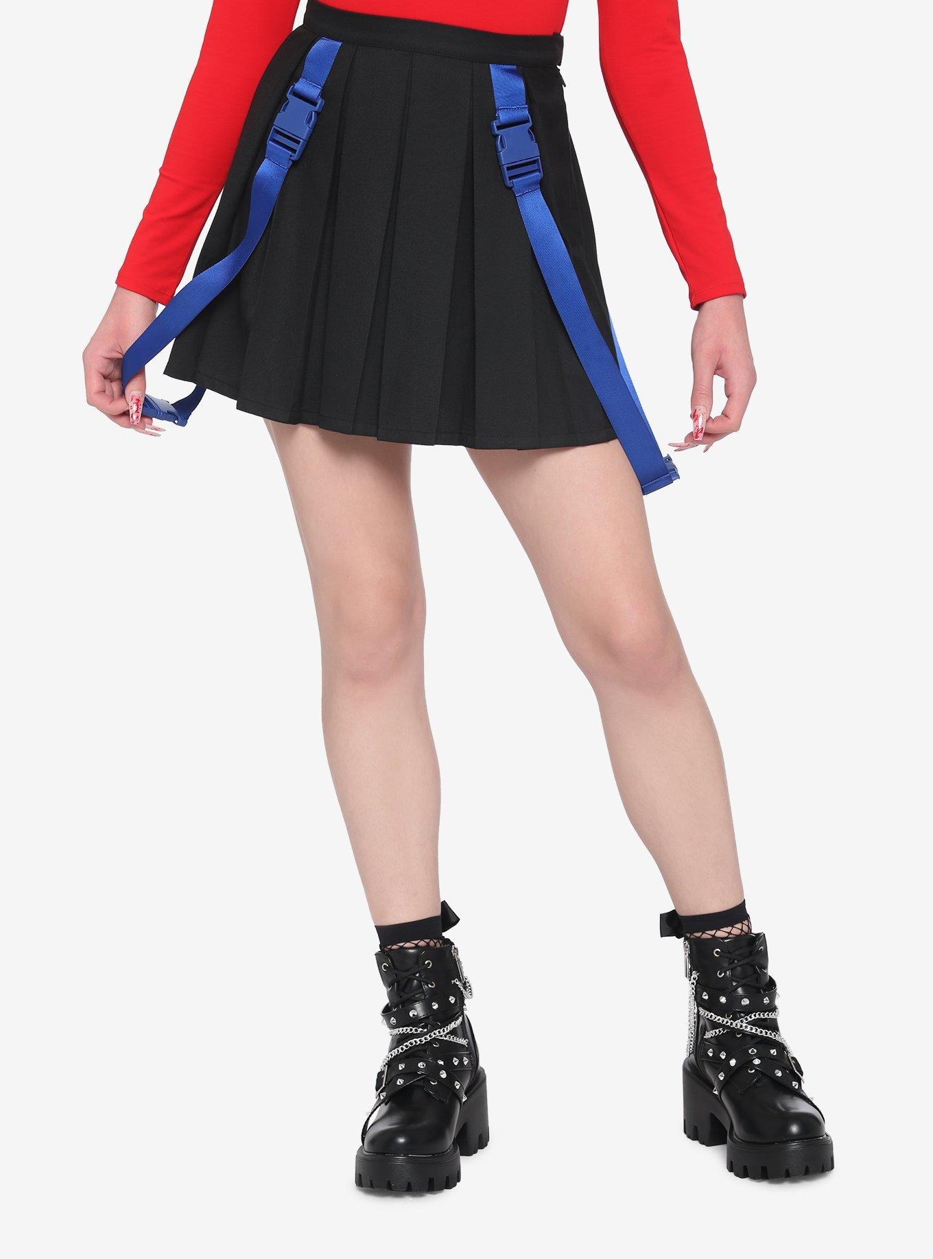Black & Blue Buckle Strap Pleated Skirt Hot Topic