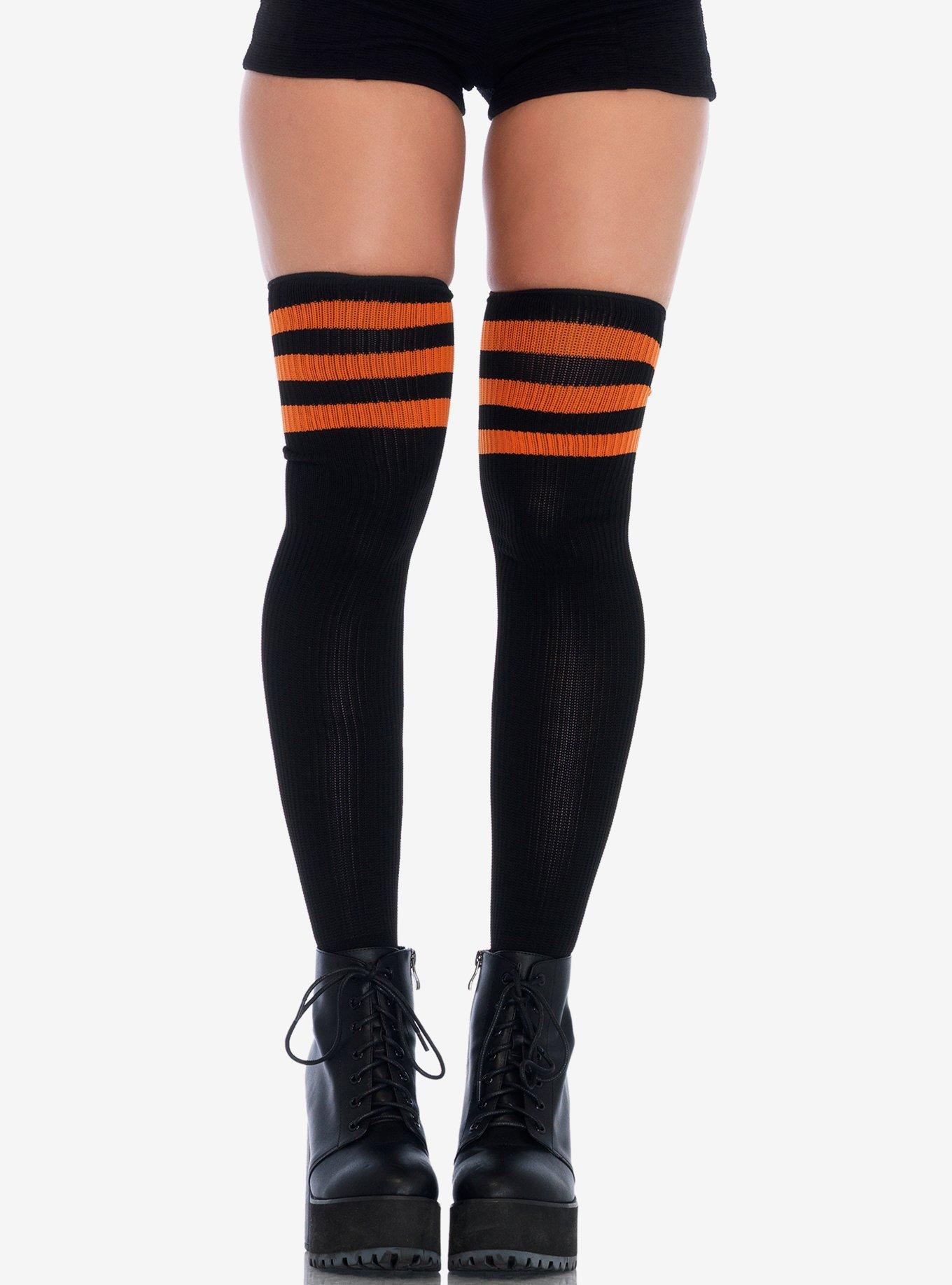 Black & Orange Stripe Ribbed Athletic Thigh High Socks Hot Topic