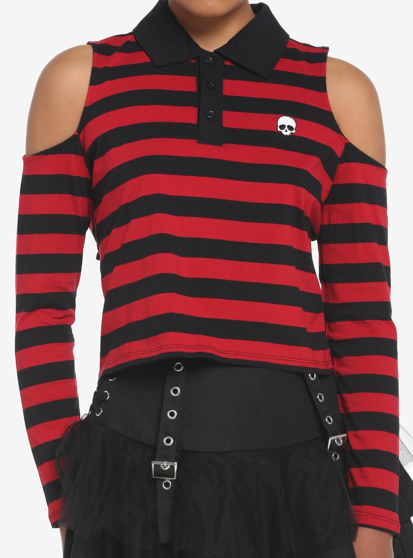 Black & Red Stripe Cold Shoulder Girls LongSleeve Polo Shirt Hot Topic