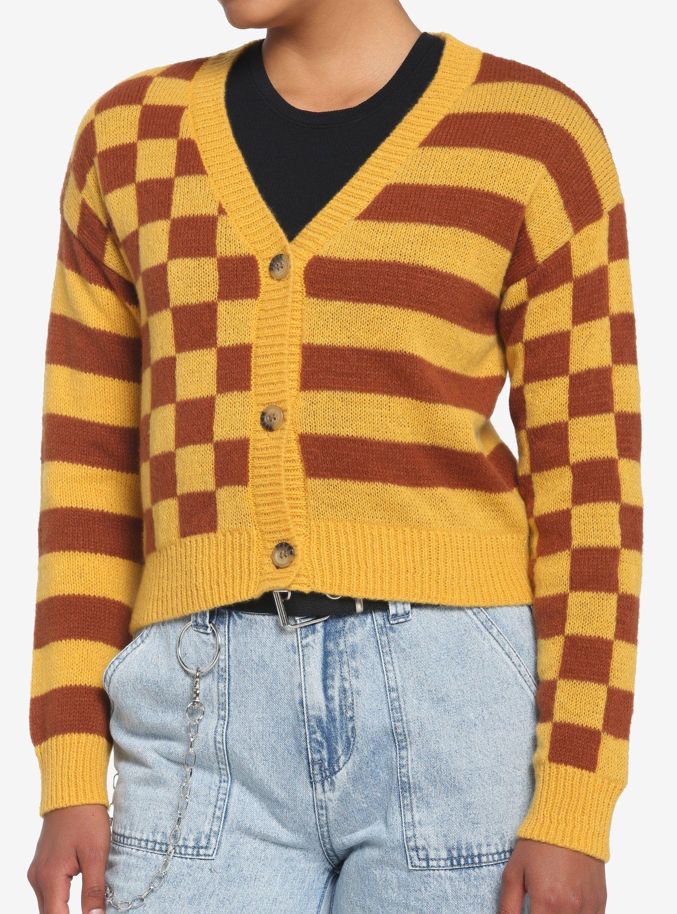 Mustard Checkered & Stripe Boyfriend Fit Girls Crop Cardigan Hot Topic
