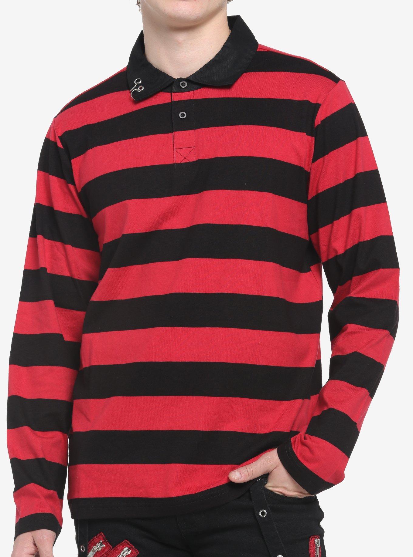 Black & Red Stripe ORing LongSleeve Polo Shirt Hot Topic