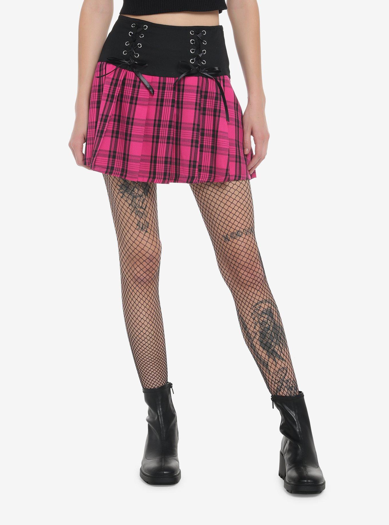 Pink Plaid LaceUp Pleated Skirt Hot Topic