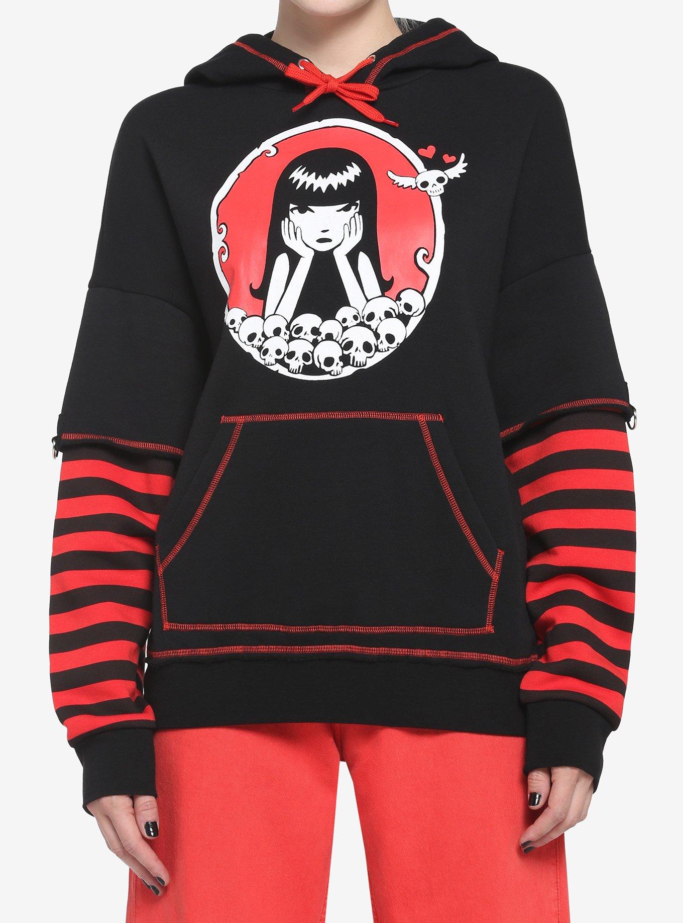 Emily The Strange Red Stripe Twofer Girls Hoodie Hot Topic