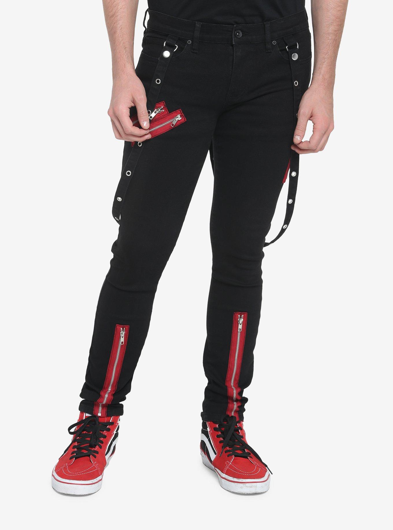 HT Denim Red Zipper Stinger Jeans With Grommet Suspenders Hot Topic